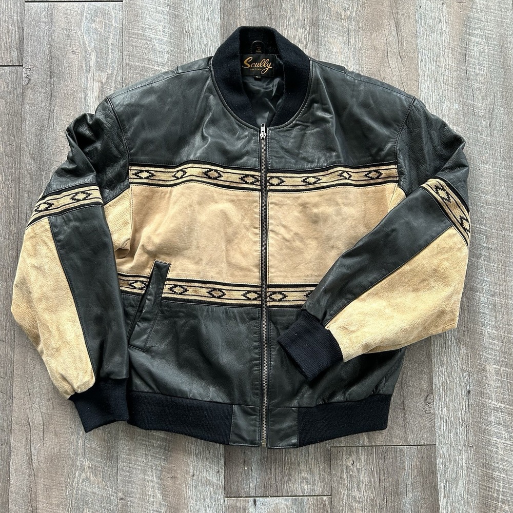 Scully Western Leather Jacket Men's Size M Black Brown Bomber Coat Cowboy Farm